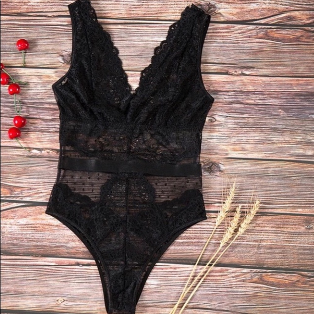 Black Sheer Lace Polka Dot Sexy Lingerie Bodysuit - Picture 8 of 8